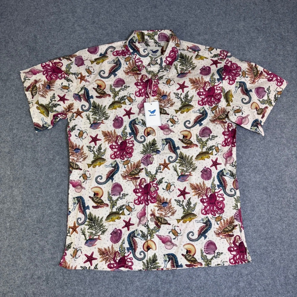 Yiume Mens Sea Life Octopus Seahorse Print Cotton Button Down Shirt NWT Mens Sm